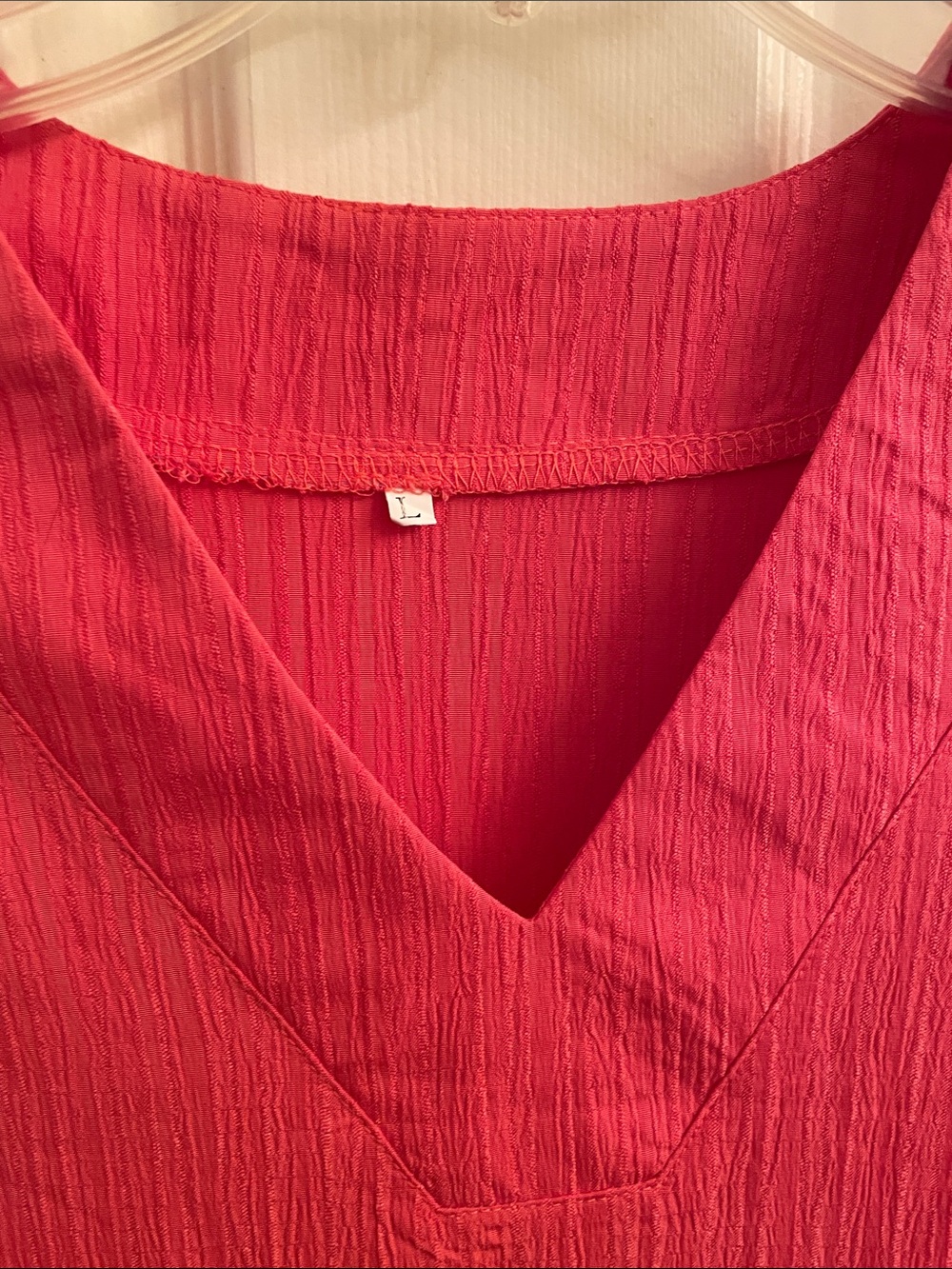 Bright Coral V-Neck Ruffle Hem Dress. Sz Lg. - Picture 6 of 7